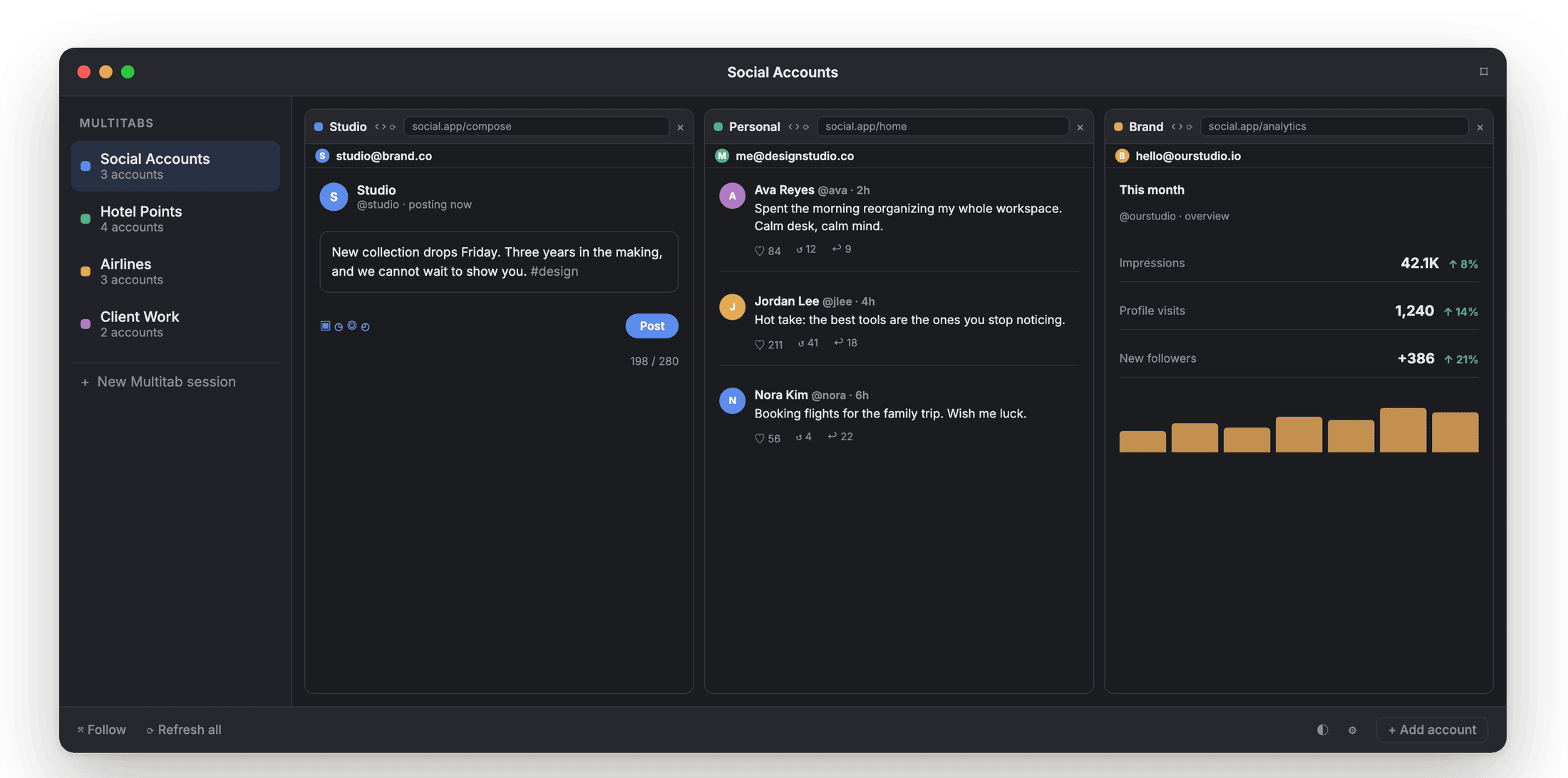 A Multitab holding three Claude accounts side by side, in dark mode.