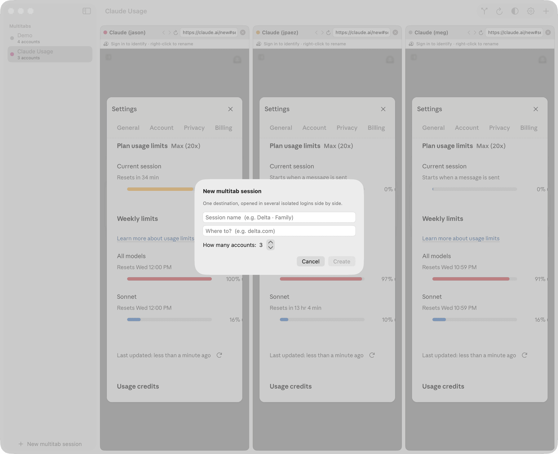 The New Multitab session dialog: one destination, opened in several isolated logins side by side.